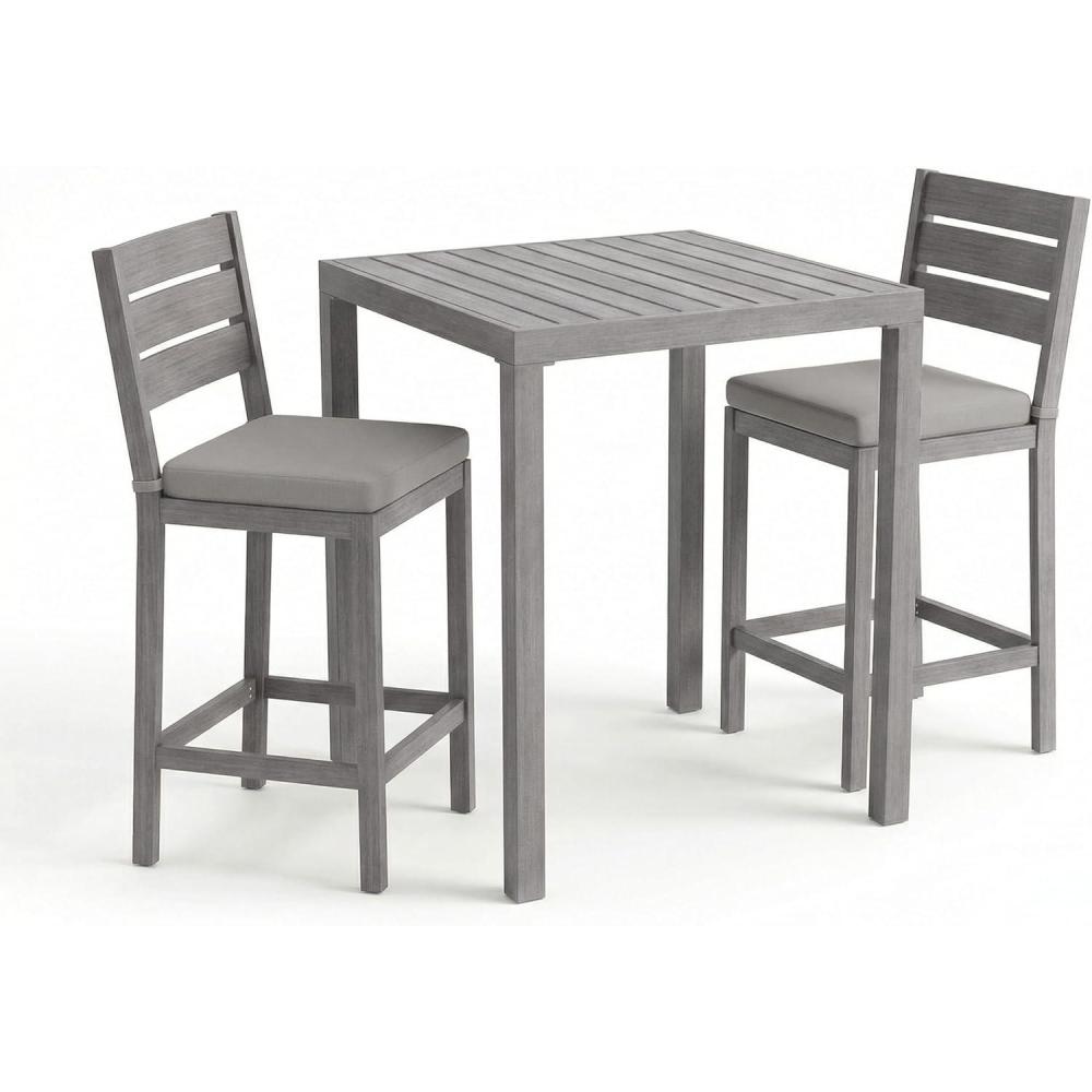 image:imageMartha Stewart Bedford 3 Piece Bar Height Indoor Outdoor Aluminum Patio Set 355 Square Slat Top Table 2 Stools Gray Brushed Woodgrain Finish Gray Seat CushionsGrey