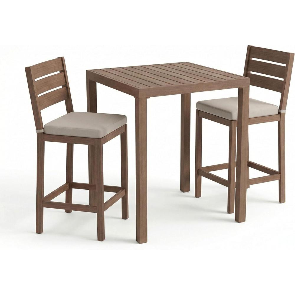 image:imageMartha Stewart Bedford 3 Piece Bar Height Indoor Outdoor Aluminum Patio Set 355 Square Slat Top Table 2 Stools Gray Brushed Woodgrain Finish Gray Seat CushionsBrown