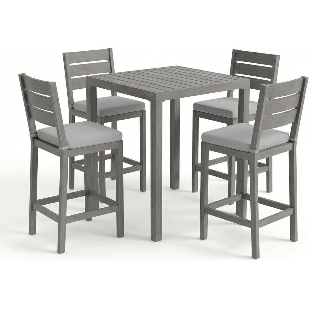 image:imageMartha Stewart Bedford 5 Piece Bar Height Indoor Outdoor Aluminum Patio Set 355 Square Slat Top Table 4 Stools Gray Brushed Woodgrain Finish Gray Seat CushionsGrey
