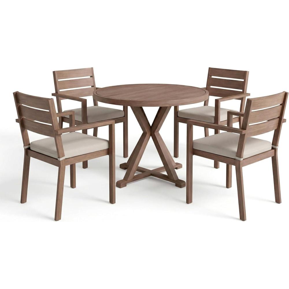 image:imageMartha Stewart Bedford 5 Piece Indoor Outdoor Aluminum Patio Set 36 Round Trestle Base Table 4 Stackable Armchairs Gray Brushed Woodgrain Gray Seat CushionsBrown