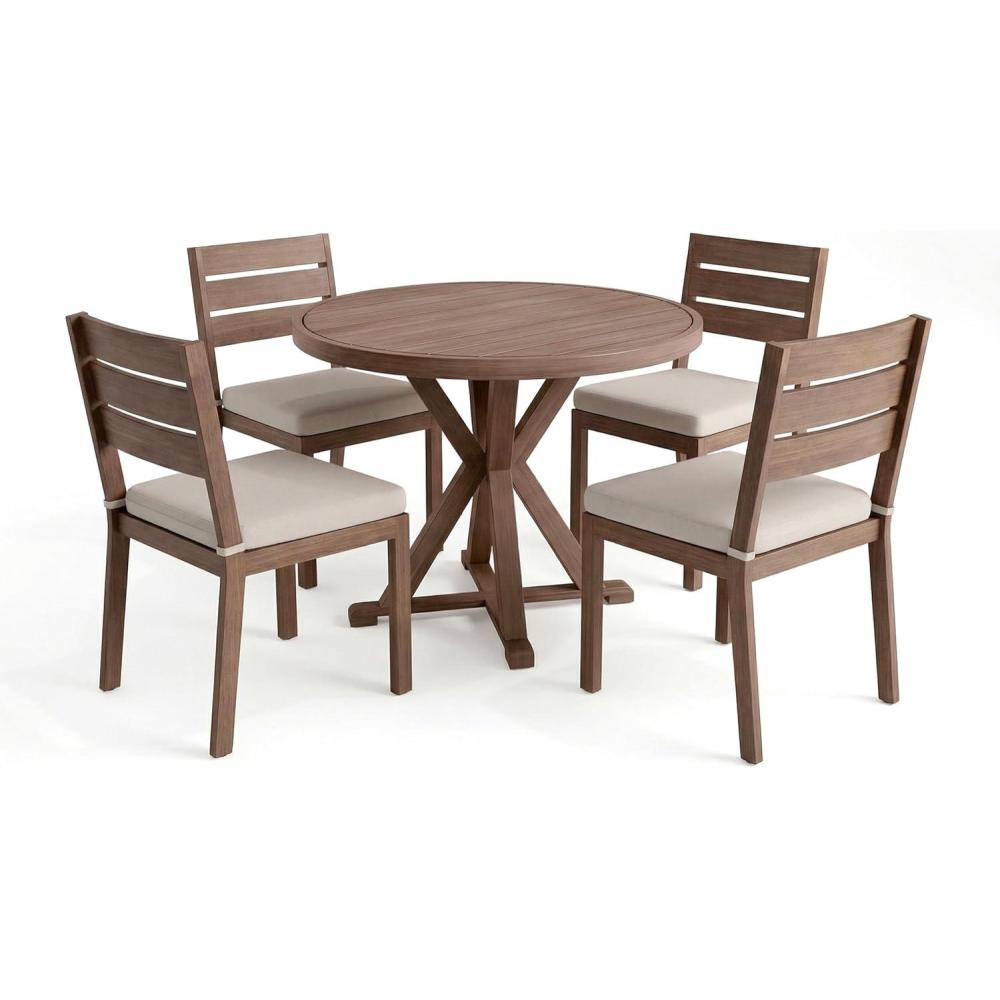 image:imageMartha Stewart Bedford 5 Piece Indoor Outdoor Aluminum Patio Set 36 Round Trestle Base Table 4 Stackable Chairs Gray Brushed Woodgrain Gray Seat CushionsBrown
