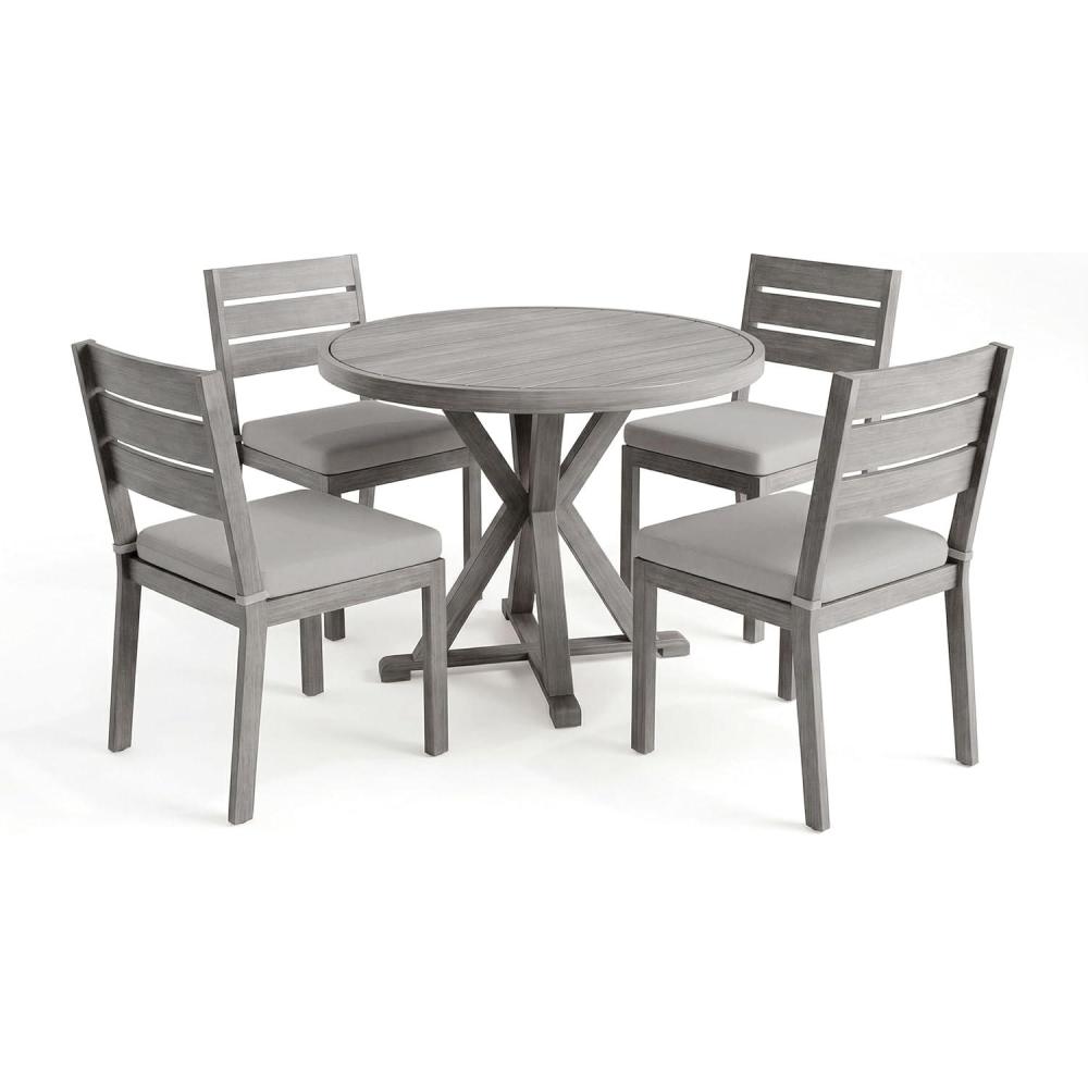 image:imageMartha Stewart Bedford 5 Piece Indoor Outdoor Aluminum Patio Set 36 Round Trestle Base Table 4 Stackable Chairs Gray Brushed Woodgrain Gray Seat CushionsGrey