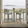 Martha Stewart Bedford 3 Piece Bar Height Indoor Outdoor Aluminum Patio Set, 35.5″ Square Slat Top Table, 2 Stools, Gray Brushed Woodgrain Finish, Gray Seat Cushions(Grey)