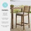Martha Stewart Bedford 3 Piece Bar Height Indoor Outdoor Aluminum Patio Set, 35.5″ Square Slat Top Table, 2 Stools, Gray Brushed Woodgrain Finish, Gray Seat Cushions(Brown)