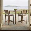 Martha Stewart Bedford 3 Piece Bar Height Indoor Outdoor Aluminum Patio Set, 35.5″ Square Slat Top Table, 2 Stools, Gray Brushed Woodgrain Finish, Gray Seat Cushions(Brown)