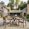 Martha Stewart Bedford 5 Piece Indoor Outdoor Aluminum Patio Set, 36″ Round Trestle Base Table, 4 Stackable Armchairs, Gray Brushed Woodgrain, Gray Seat Cushions(Brown)