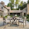 Martha Stewart Bedford 5 Piece Indoor Outdoor Aluminum Patio Set, 36″ Round Trestle Base Table, 4 Stackable Armchairs, Gray Brushed Woodgrain, Gray Seat Cushions(Grey)