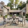 Martha Stewart Bedford 5 Piece Indoor Outdoor Aluminum Patio Set, 36″ Round Trestle Base Table, 4 Stackable Chairs, Gray Brushed Woodgrain, Gray Seat Cushions(Grey)
