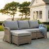 Martha Stewart Lily Pond Indoor-Outdoor 3-Seat Patio Sofa and Ottoman in Weathered Gray Rattan Wicker with All-Weather Gray Back, Seat and Ottoman Cushions
