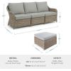 Martha Stewart Lily Pond Indoor-Outdoor 3-Seat Patio Sofa and Ottoman in Weathered Gray Rattan Wicker with All-Weather Gray Back, Seat and Ottoman Cushions