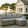 Martha Stewart Lily Pond Indoor-Outdoor 4-Seat Patio Sofa and Ottoman in Weathered Gray Rattan Wicker with All-Weather Gray Back, Seat and Ottoman Cushions