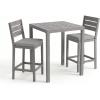 Martha Stewart Bedford 3 Piece Bar Height Indoor Outdoor Aluminum Patio Set, 35.5″ Square Slat Top Table, 2 Stools, Gray Brushed Woodgrain Finish, Gray Seat Cushions(Grey)