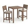 Martha Stewart Bedford 3 Piece Bar Height Indoor Outdoor Aluminum Patio Set, 35.5″ Square Slat Top Table, 2 Stools, Gray Brushed Woodgrain Finish, Gray Seat Cushions(Brown)