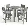 Martha Stewart Bedford 5 Piece Bar Height Indoor Outdoor Aluminum Patio Set, 35.5″ Square Slat Top Table, 4 Stools, Gray Brushed Woodgrain Finish, Gray Seat Cushions(Grey)