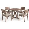 Martha Stewart Bedford 5 Piece Indoor Outdoor Aluminum Patio Set, 36″ Round Trestle Base Table, 4 Stackable Armchairs, Gray Brushed Woodgrain, Gray Seat Cushions(Brown)