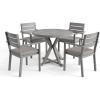 Martha Stewart Bedford 5 Piece Indoor Outdoor Aluminum Patio Set, 36″ Round Trestle Base Table, 4 Stackable Armchairs, Gray Brushed Woodgrain, Gray Seat Cushions(Grey)