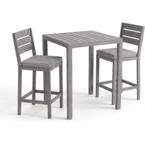 Martha Stewart Bedford 3 Piece Bar Height Indoor Outdoor Aluminum Patio Set, 35.5″ Square Slat Top Table, 2 Stools, Gray Brushed Woodgrain Finish, Gray Seat Cushions(Grey)