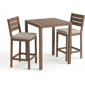Martha Stewart Bedford 3 Piece Bar Height Indoor Outdoor Aluminum Patio Set, 35.5″ Square Slat Top Table, 2 Stools, Gray Brushed Woodgrain Finish, Gray Seat Cushions(Brown)