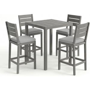 Martha Stewart Bedford 5 Piece Bar Height Indoor Outdoor Aluminum Patio Set, 35.5″ Square Slat Top Table, 4 Stools, Gray Brushed Woodgrain Finish, Gray Seat Cushions(Grey)