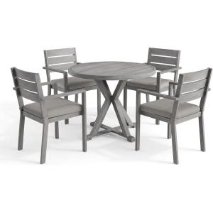 Martha Stewart Bedford 5 Piece Indoor Outdoor Aluminum Patio Set, 36″ Round Trestle Base Table, 4 Stackable Armchairs, Gray Brushed Woodgrain, Gray Seat Cushions(Grey)