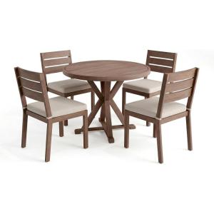Martha Stewart Bedford 5 Piece Indoor Outdoor Aluminum Patio Set, 36″ Round Trestle Base Table, 4 Stackable Chairs, Gray Brushed Woodgrain, Gray Seat Cushions(Brown)