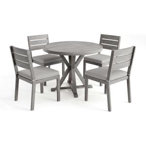 Martha Stewart Bedford 5 Piece Indoor Outdoor Aluminum Patio Set, 36″ Round Trestle Base Table, 4 Stackable Chairs, Gray Brushed Woodgrain, Gray Seat Cushions(Grey)