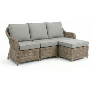 Martha Stewart Lily Pond Indoor-Outdoor 3-Seat Patio Sofa and Ottoman in Weathered Gray Rattan Wicker with All-Weather Gray Back, Seat and Ottoman Cushions