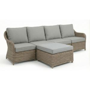 Martha Stewart Lily Pond Indoor-Outdoor 4-Seat Patio Sofa and Ottoman in Weathered Gray Rattan Wicker with All-Weather Gray Back, Seat and Ottoman Cushions