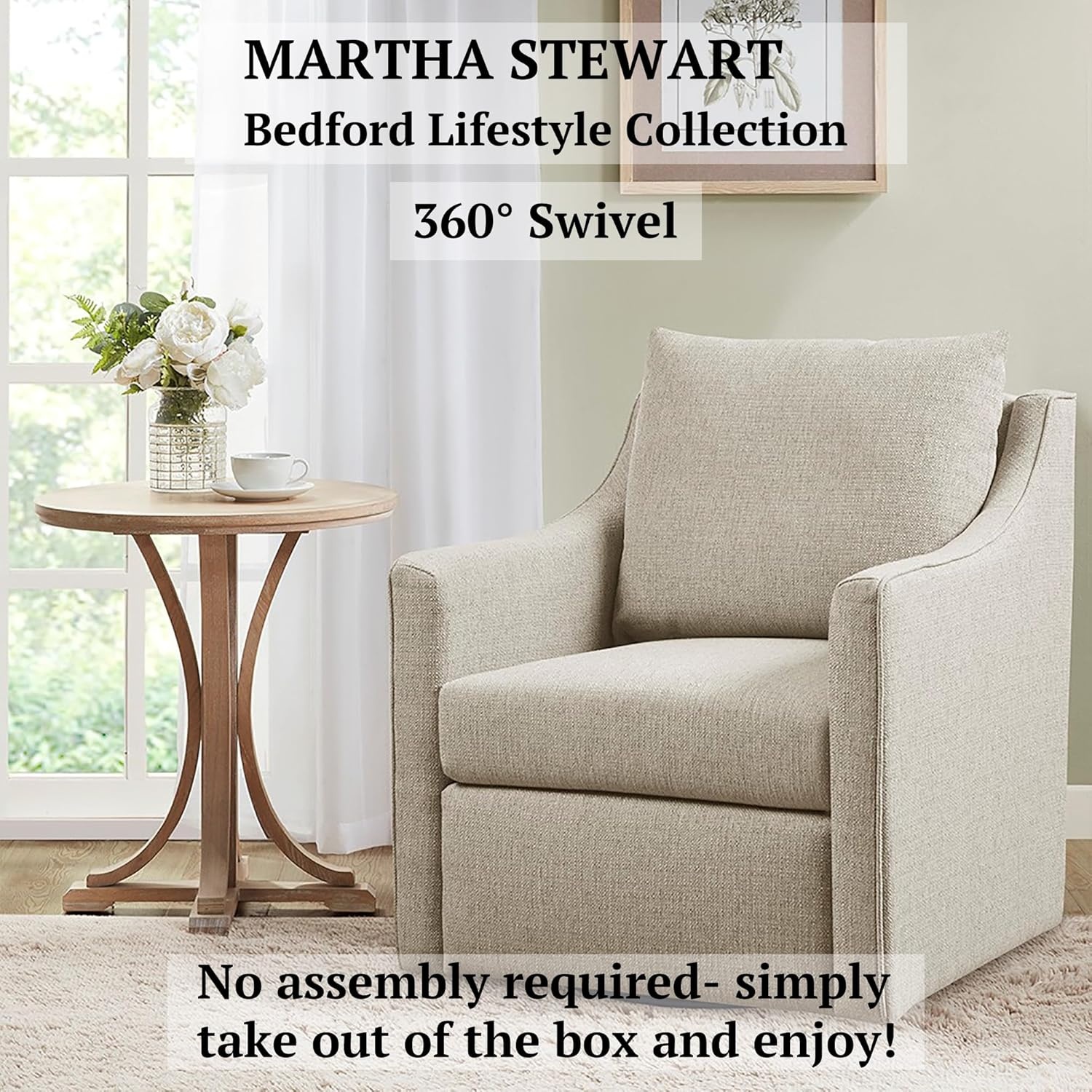 image:imageMartha Stewart Amber Swivel Chair for Living Room Barrel Style Bedroom Lounge Removable Foam Seat Cushion Upholstered Nursery Furniture Metal Base Fully Assembled 305 D x 30 W x 35 H Natural