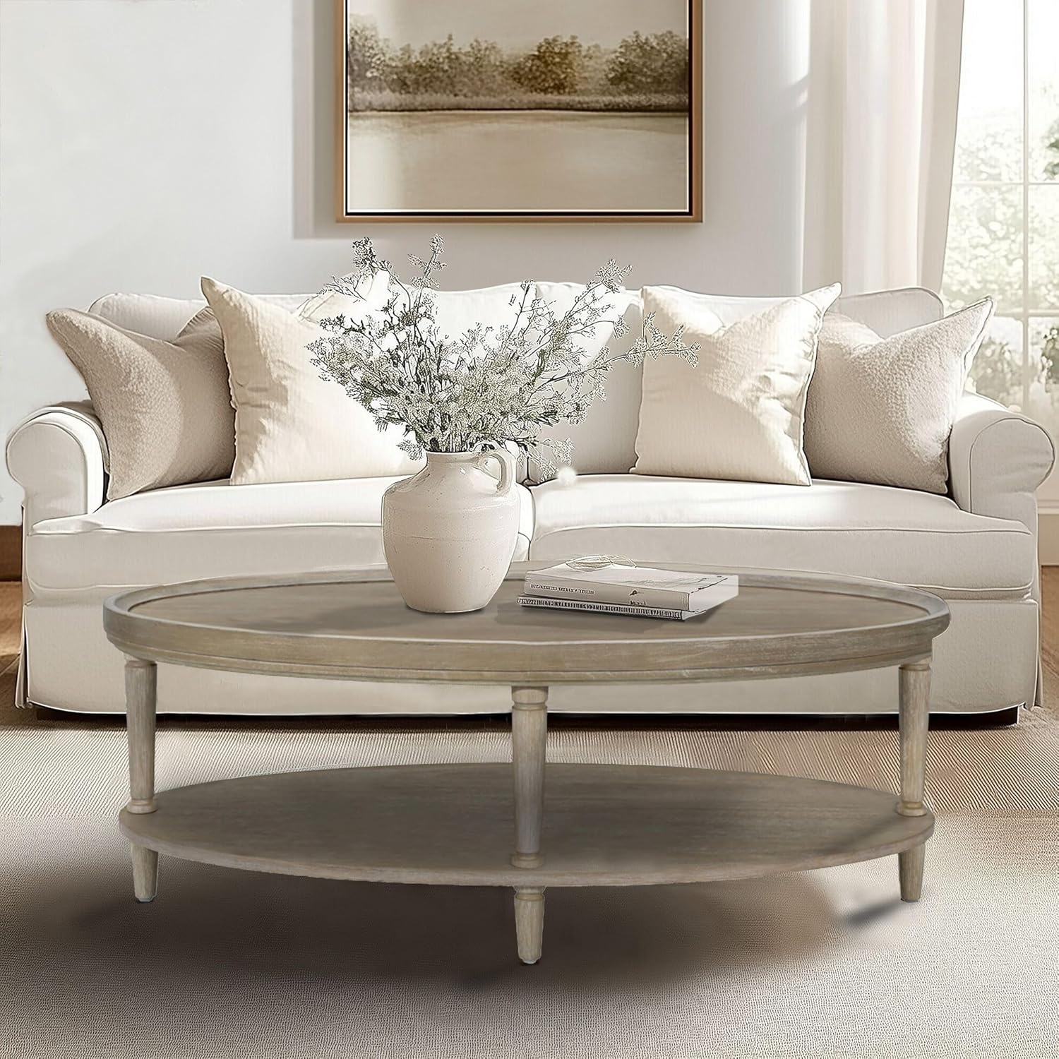 image:imageMartha Stewart Ayanna Round Coffee Table for Living Room Bedford Collection Farmhouse Coffee Table with Shelving for Storage Modern Farmhouse Living Room Table 48 Wide Reclaimed Greige