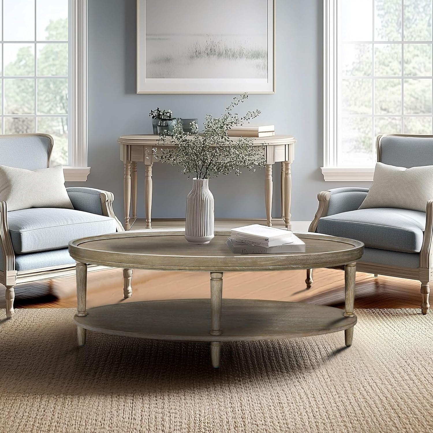 image:imageMartha Stewart Ayanna Round Coffee Table for Living Room Bedford Collection Farmhouse Coffee Table with Shelving for Storage Modern Farmhouse Living Room Table 48 Wide Reclaimed Greige
