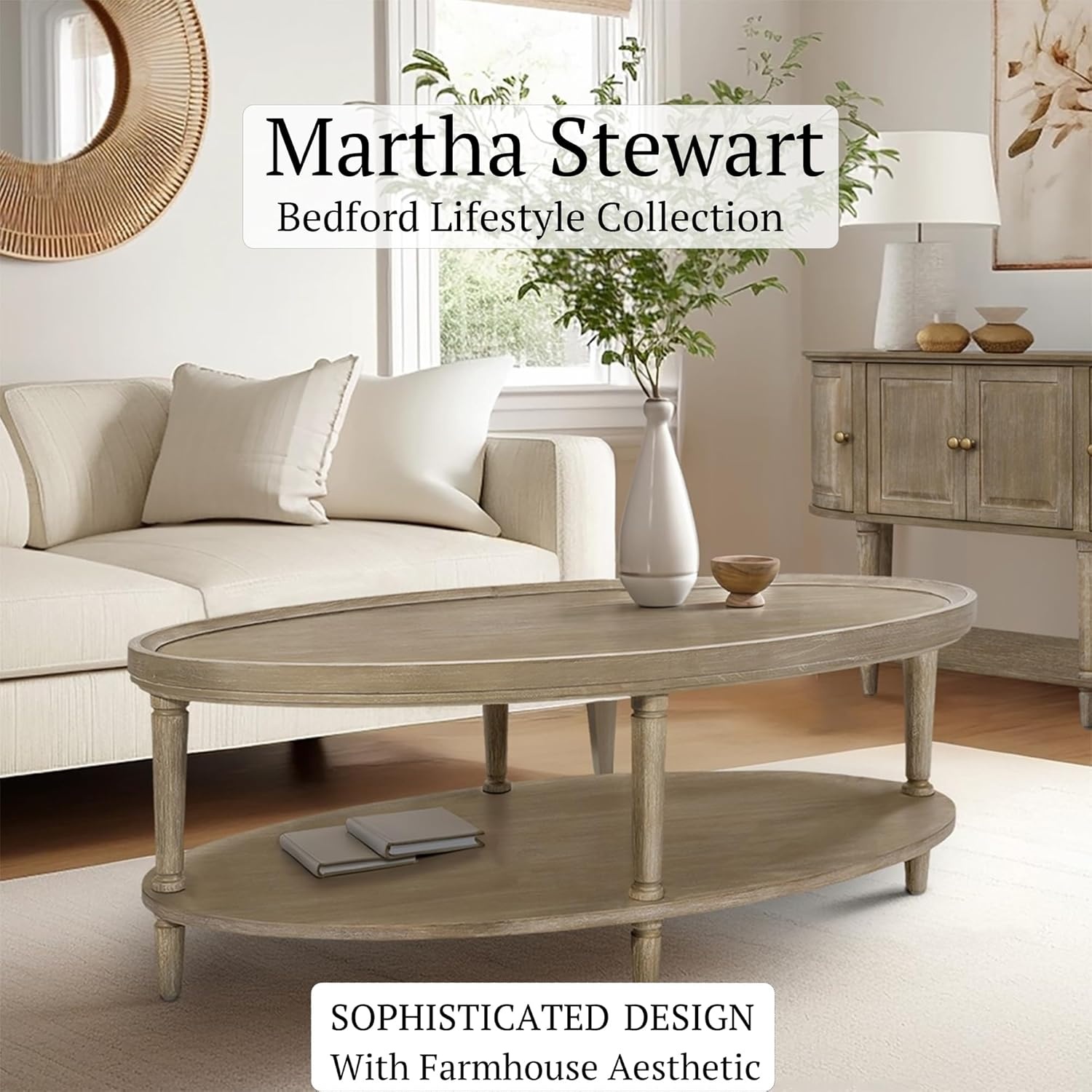 image:imageMartha Stewart Ayanna Round Coffee Table for Living Room Bedford Collection Farmhouse Coffee Table with Shelving for Storage Modern Farmhouse Living Room Table 48 Wide Reclaimed Greige