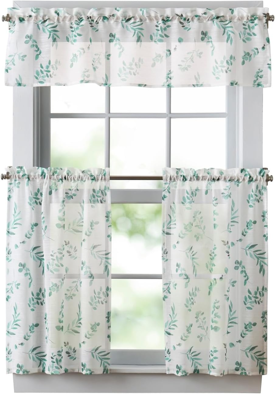image:imageMartha Stewart Botanical Kitchen Curtains 36 Inch Sheer Cafe Tier Curtains with Valance Set 3 Piece White Green MaddisonWhiteGreen