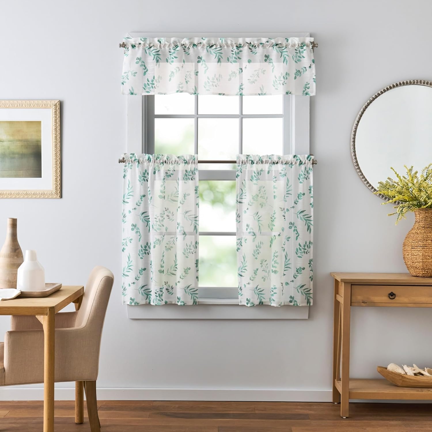 image:imageMartha Stewart Botanical Kitchen Curtains 36 Inch Sheer Cafe Tier Curtains with Valance Set 3 Piece White Green MaddisonWhiteGreen