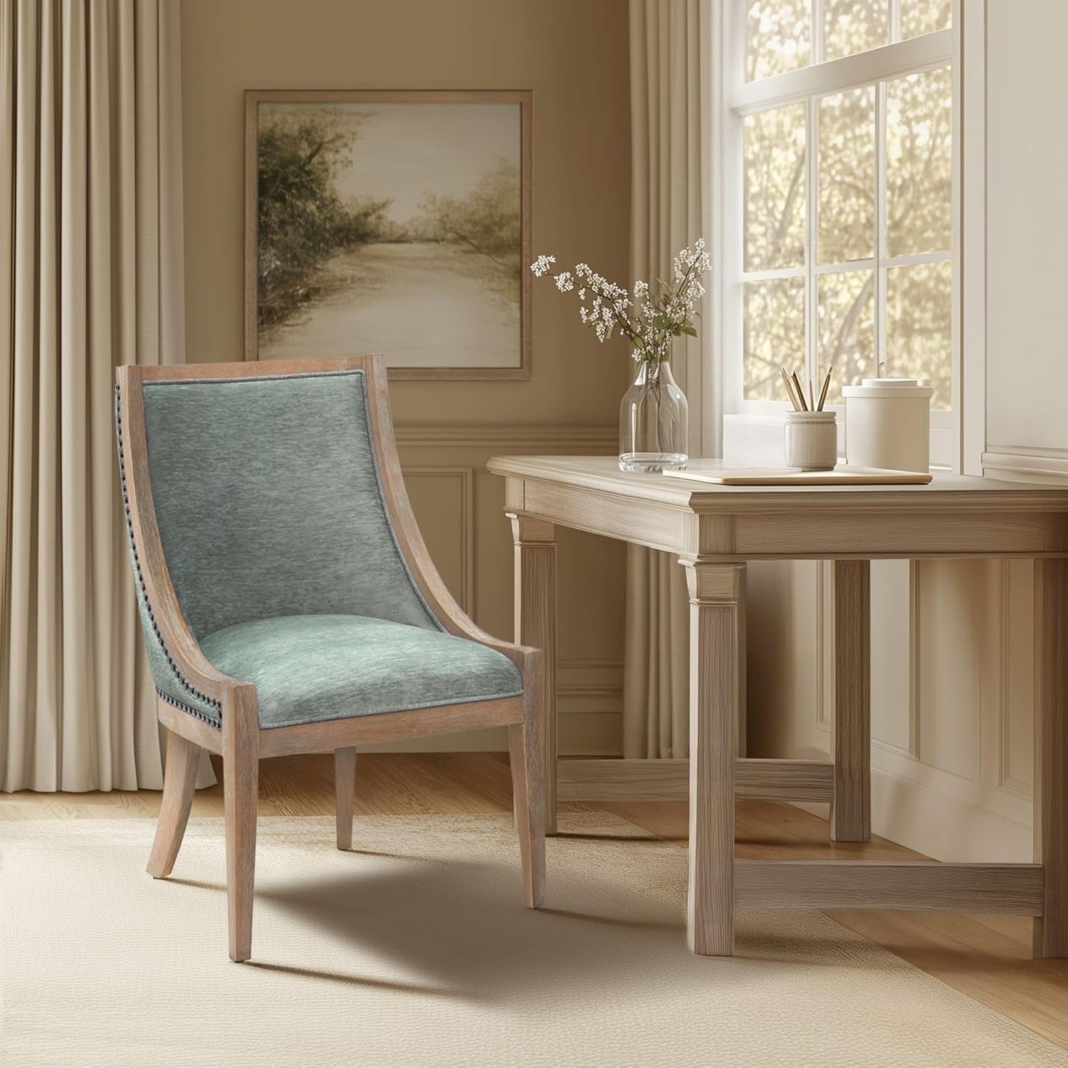 image:imageMartha Stewart Farmhouse Dining Room Chair Recessed Arm Chair For Bedrooms Nailhead Trim Solid Wood Legs Upholstered Reading Accent Chairs For Living Room Kitchen Decor Soft Green ElmcrestSoft Green