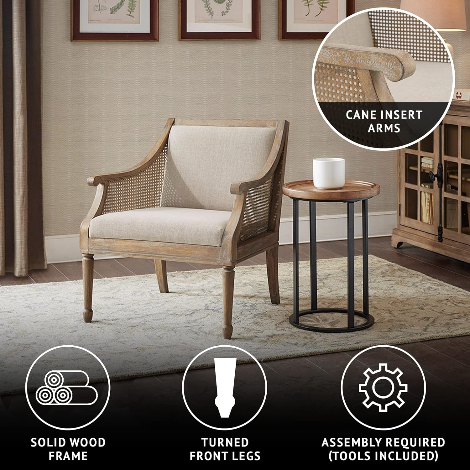 image:imageMartha Stewart Isla Accent Chairs for Living Room with Solid Wood Frame Cane Webbed Swoop Track Arms Turned Legs Farmhouse Coastal Cottage Deep Seating Lounge Reclaimed Wood NaturalReclaimed Wood Natural