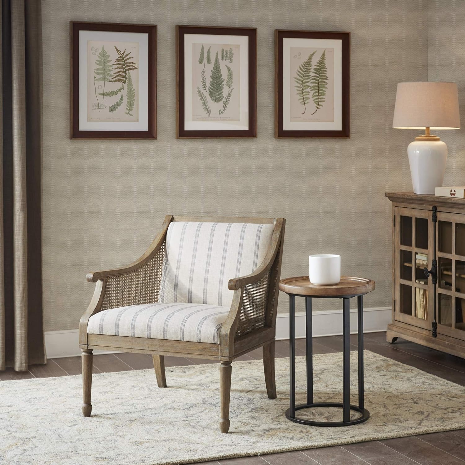 image:imageMartha Stewart Isla Accent Chairs for Living Room with Solid Wood Frame Cane Webbed Swoop Track Arms Turned Legs Farmhouse Coastal Cottage Deep Seating Lounge Reclaimed Wood NaturalReclaimed Wood Beige