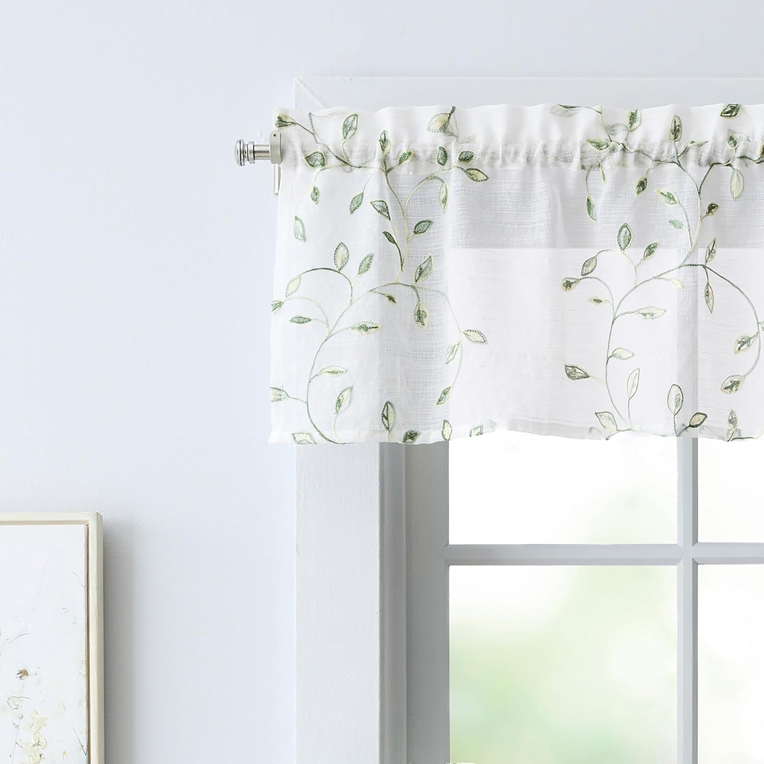image:imageMartha Stewart Kitchen Curtains 36 Inch Sheer Embroidered Vine Cafe Tier Curtains with Valance Set 3 Piece White Green DurhamWhiteGreen