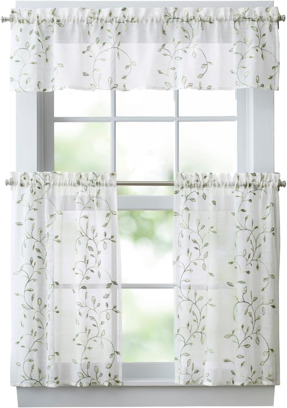 image:imageMartha Stewart Kitchen Curtains 36 Inch Sheer Embroidered Vine Cafe Tier Curtains with Valance Set 3 Piece White Green DurhamWhiteGreen