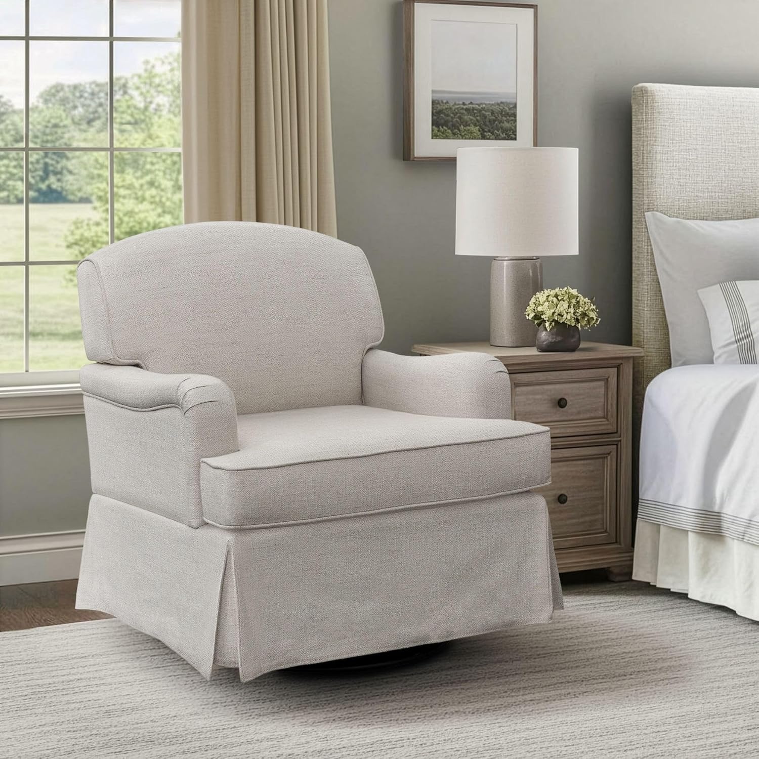 image:imageMartha Stewart Melody Swivel Glider Chair 360 Swivel amp Gentle Gliding Upholstered Jacquard Accent Chair with Rolled Arms amp Skirted Base Pocket Spring Seat Solid Wood Frame Bedroom amp Living Room