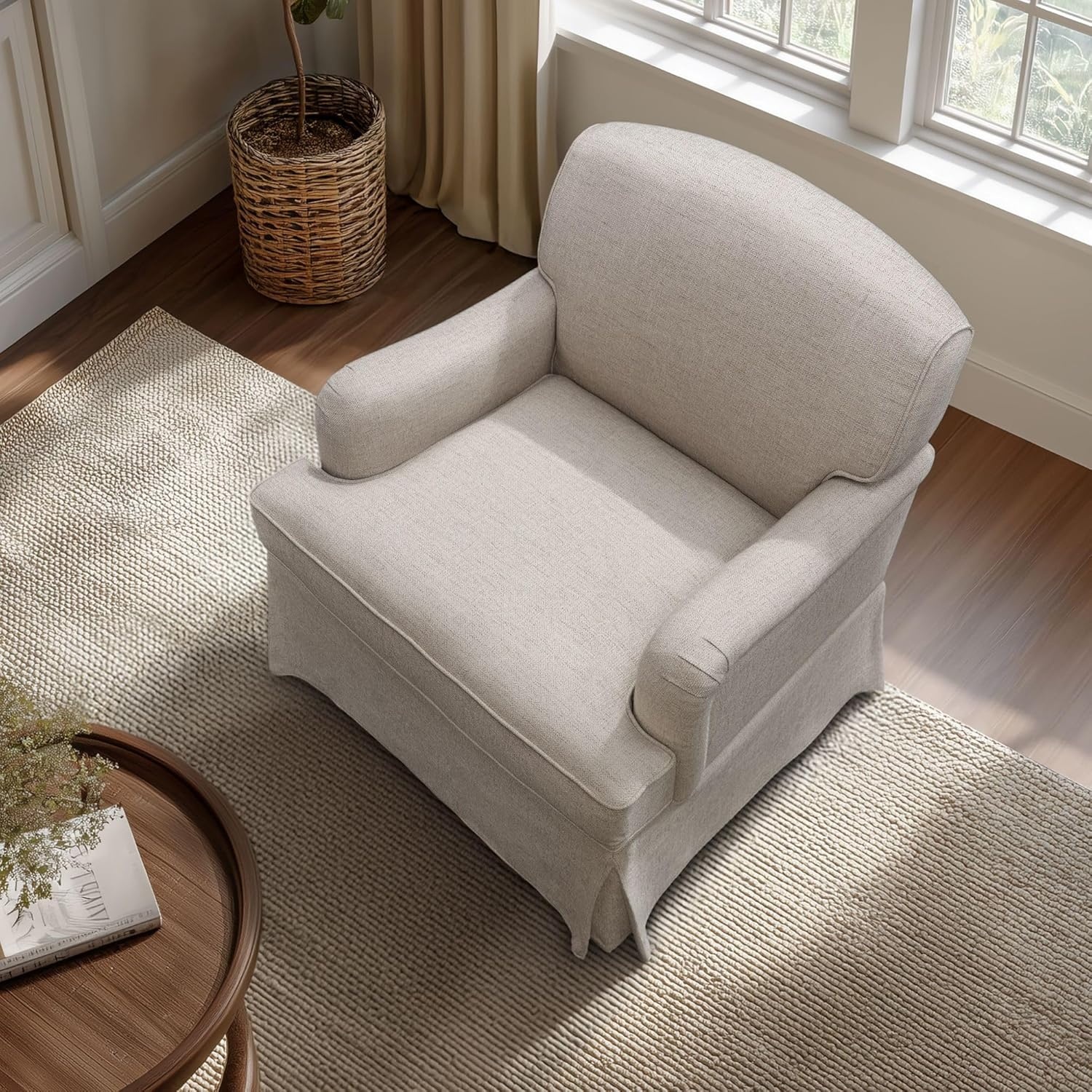 image:imageMartha Stewart Melody Swivel Glider Chair 360 Swivel amp Gentle Gliding Upholstered Jacquard Accent Chair with Rolled Arms amp Skirted Base Pocket Spring Seat Solid Wood Frame Bedroom amp Living Room