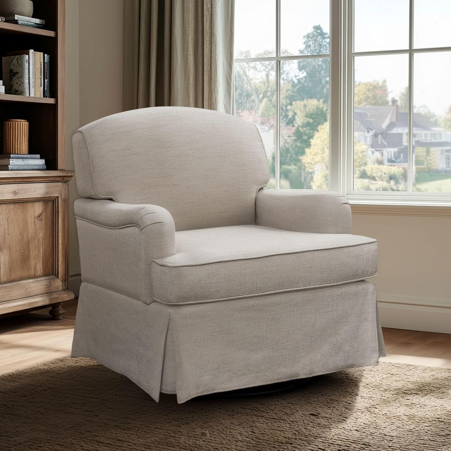 image:imageMartha Stewart Melody Swivel Glider Chair 360 Swivel amp Gentle Gliding Upholstered Jacquard Accent Chair with Rolled Arms amp Skirted Base Pocket Spring Seat Solid Wood Frame Bedroom amp Living Room