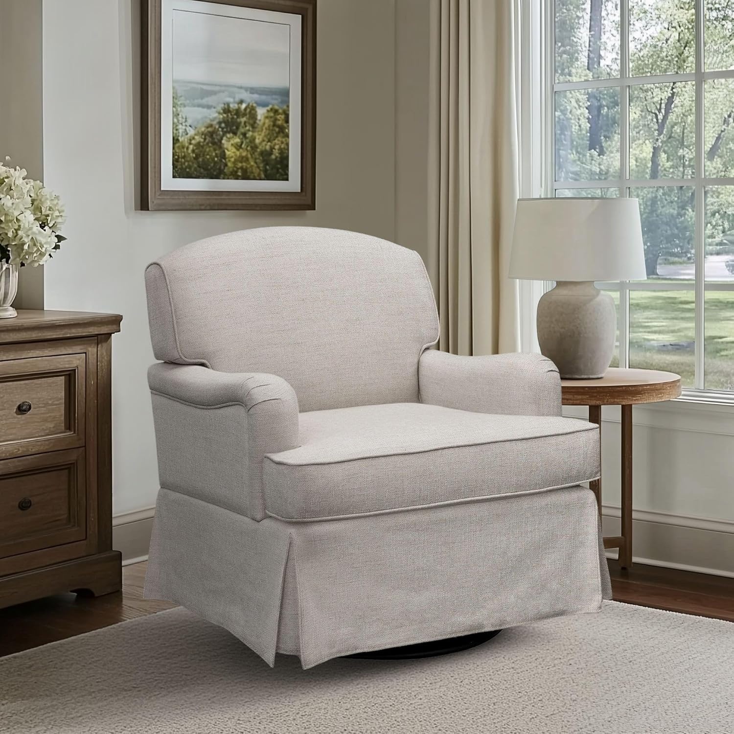 image:imageMartha Stewart Melody Swivel Glider Chair 360 Swivel amp Gentle Gliding Upholstered Jacquard Accent Chair with Rolled Arms amp Skirted Base Pocket Spring Seat Solid Wood Frame Bedroom amp Living Room