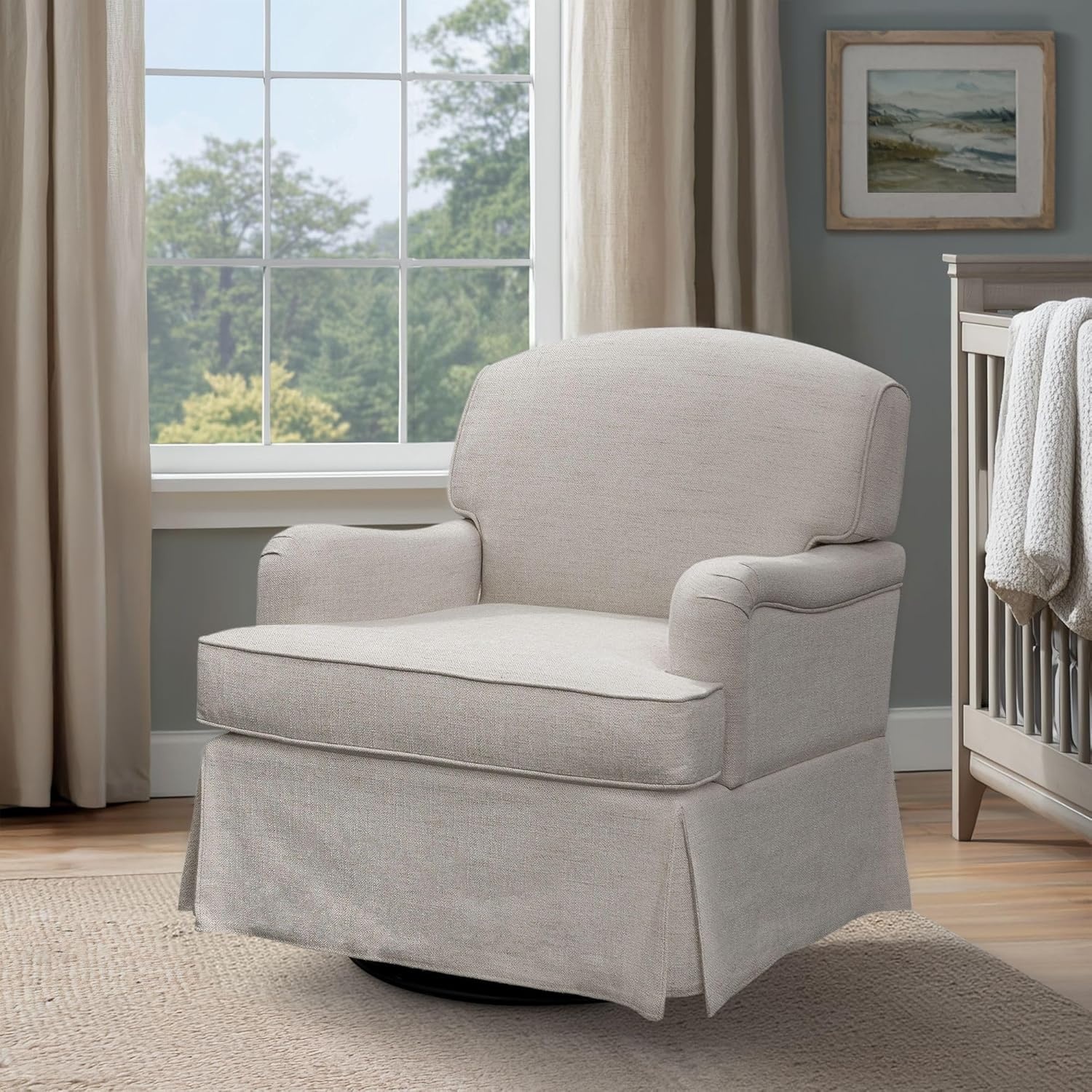 image:imageMartha Stewart Melody Swivel Glider Chair 360 Swivel amp Gentle Gliding Upholstered Jacquard Accent Chair with Rolled Arms amp Skirted Base Pocket Spring Seat Solid Wood Frame Bedroom amp Living Room