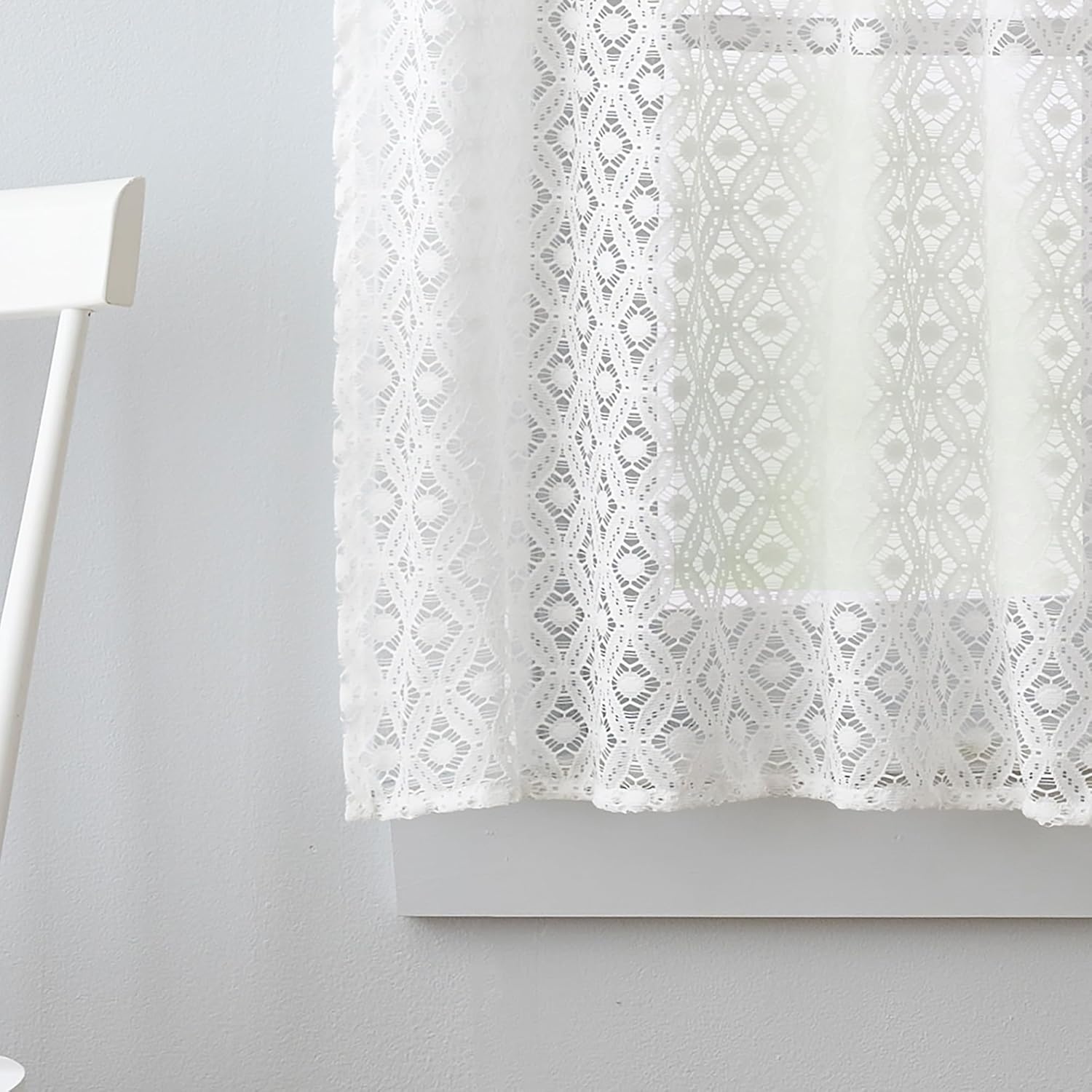 image:imageMartha Stewart White Lace Kitchen Curtains 36 Inch Sheer Cafe Tier Curtains with Valance Set 3 Piece CanterburyWhite