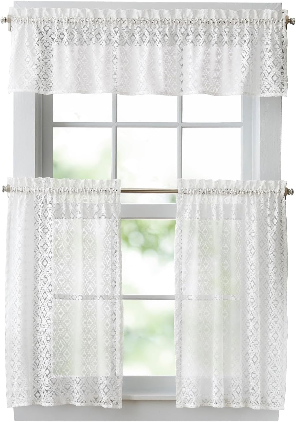 image:imageMartha Stewart White Lace Kitchen Curtains 36 Inch Sheer Cafe Tier Curtains with Valance Set 3 Piece CanterburyWhite