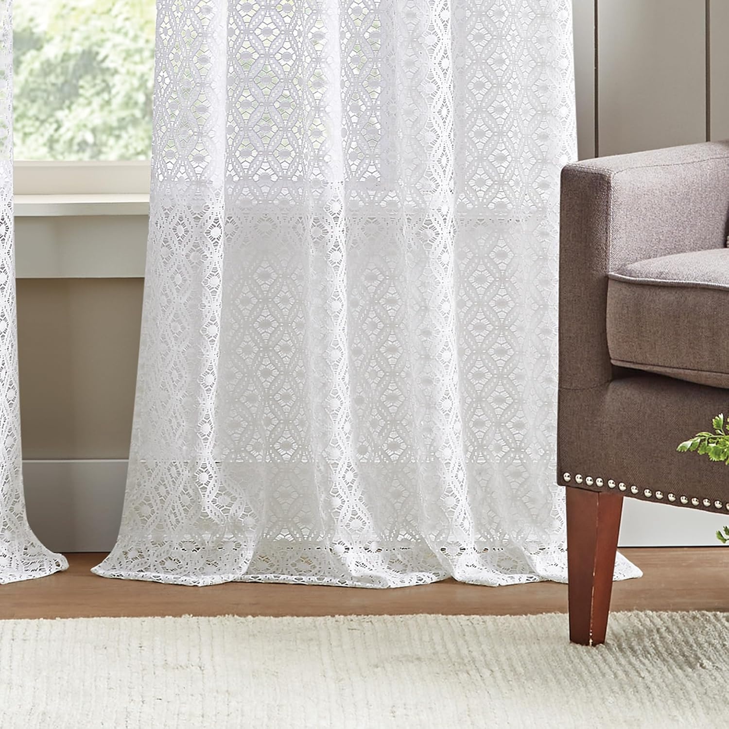 image:imageMartha Stewart White Lace Kitchen Curtains 36 Inch Sheer Cafe Tier Curtains with Valance Set 3 Piece CanterburyWhite