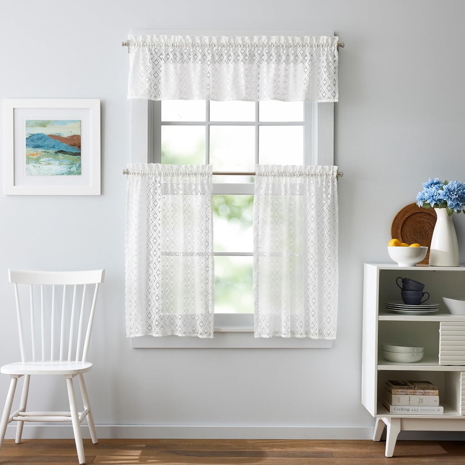 image:imageMartha Stewart White Lace Kitchen Curtains 36 Inch Sheer Cafe Tier Curtains with Valance Set 3 Piece CanterburyWhite