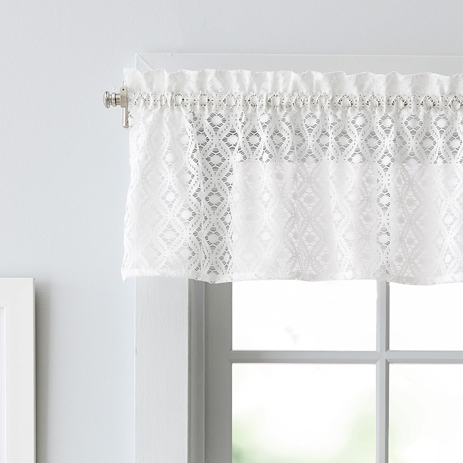 image:imageMartha Stewart White Lace Kitchen Curtains 36 Inch Sheer Cafe Tier Curtains with Valance Set 3 Piece CanterburyWhite