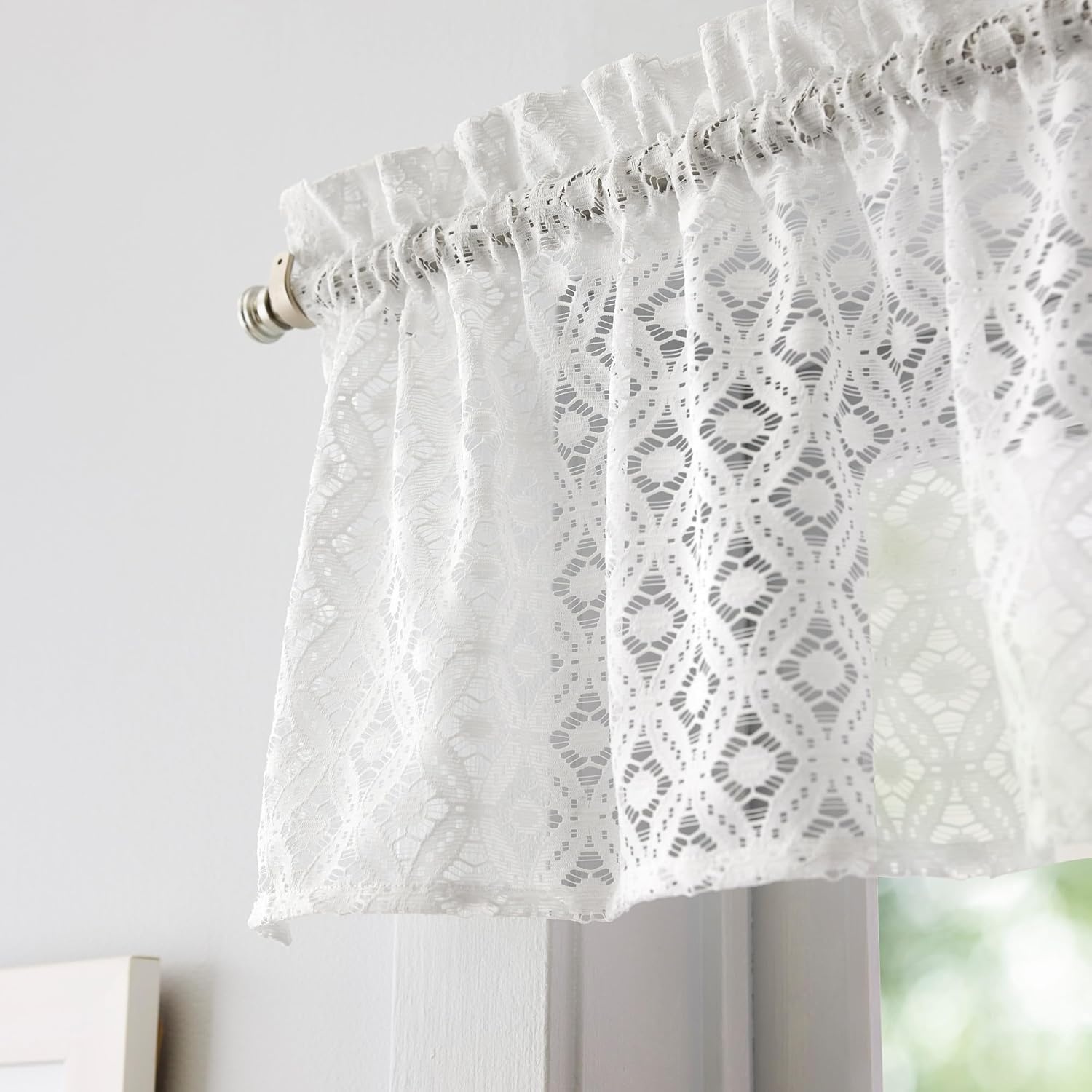 image:imageMartha Stewart White Lace Kitchen Curtains 36 Inch Sheer Cafe Tier Curtains with Valance Set 3 Piece CanterburyWhite
